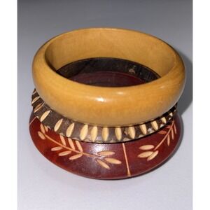 Vintage Wooden Bangle Bracelets Lot of 3 Carved Boho Stack Natural